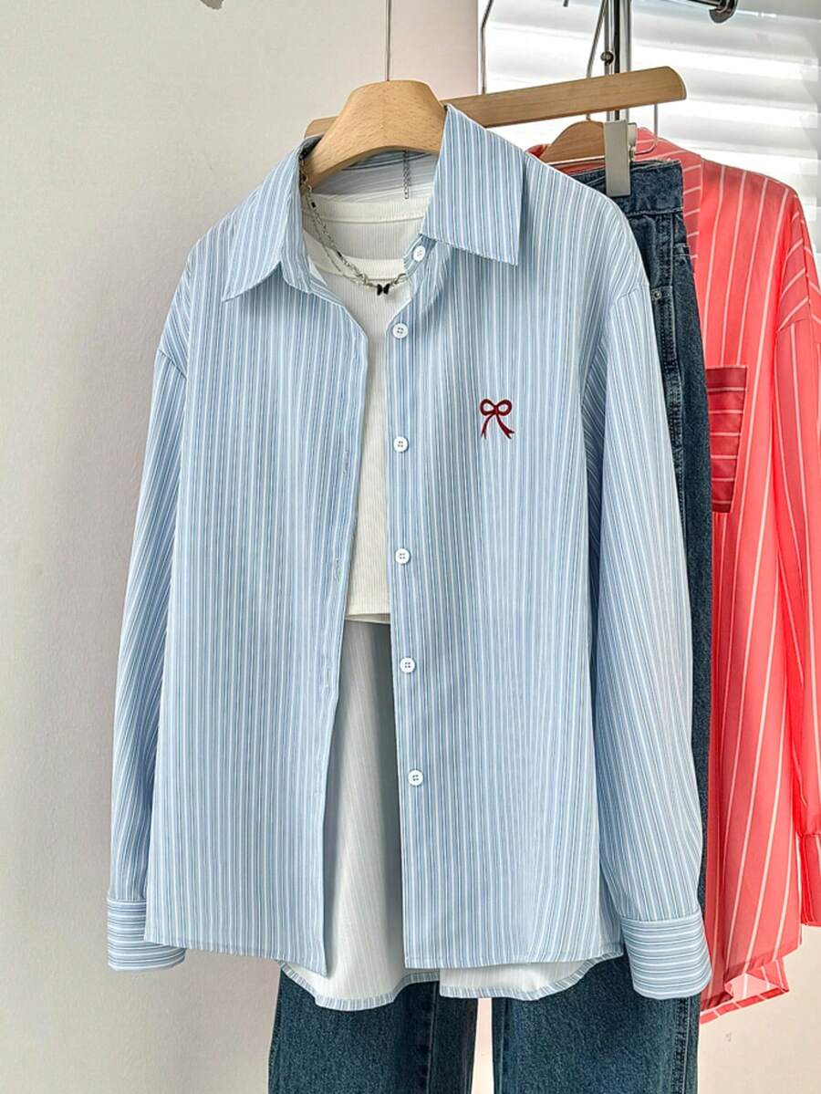 Women's Striped Front Button Bow Embroidery Blouse Spring - Baby Blue - View 1