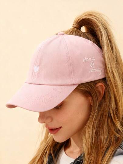 1pc Women's Sports Cap With Heart Embroidery, High Ponytail Half-Mesh Top Hat, Women's Summer Sun Protection Baseball Cap, Versatile Visor Hat