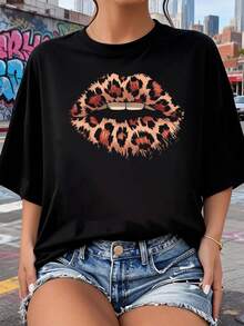 Camiseta de labios de leopardo 2026 nuevas camisetas impresas para mujeres, estilos populares, camisetas de primavera para mujeres, camisetas de invierno, camisetas de para mujeresás vendidas - Negro - Ver 1