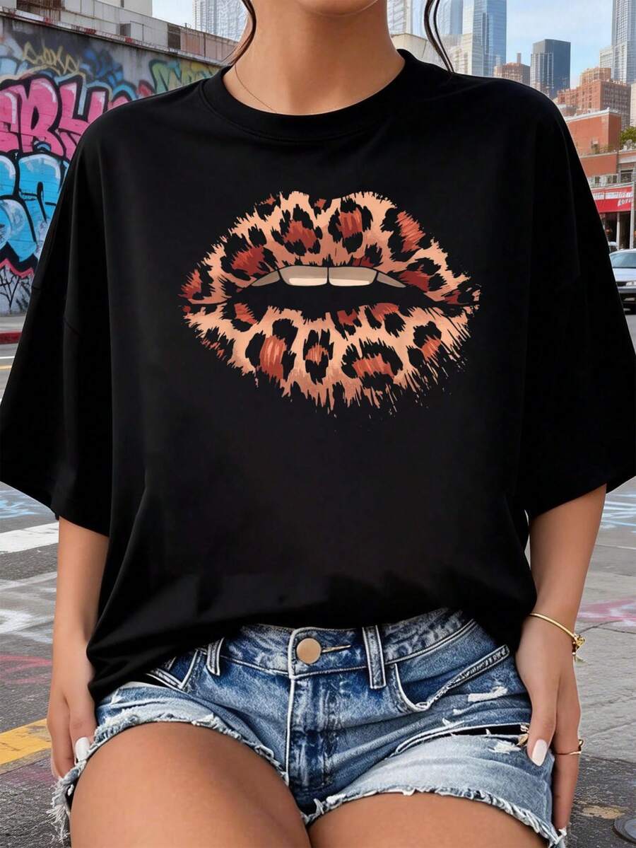 Camiseta de labios de leopardo 2026 nuevas camisetas impresas para mujeres, estilos populares, camisetas de primavera para mujeres, camisetas de invierno, camisetas de para mujeresás vendidas - Negro - Ver 1