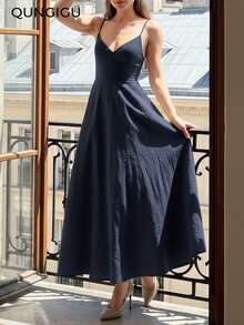QUNGIGU 女士优雅吊带中长连衣裙，V领亚麻质感A字裙摆，露背高腰飘逸夏季沙滩婚礼宾客鸡尾酒会礼服 - 藏蓝色 - 查看 3