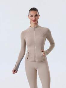 Women Slim Fit Sports BBL Jacket With Thumb Hole Stand Collar Zip Up - Taupetastic/Gold - 查看 4