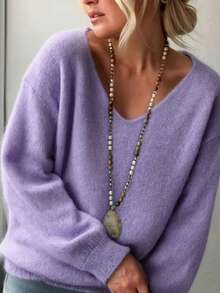 Women's Solid V-Neck Casual Loose Pullover Knit Sweater, Long Sleeve - Purple - View 1