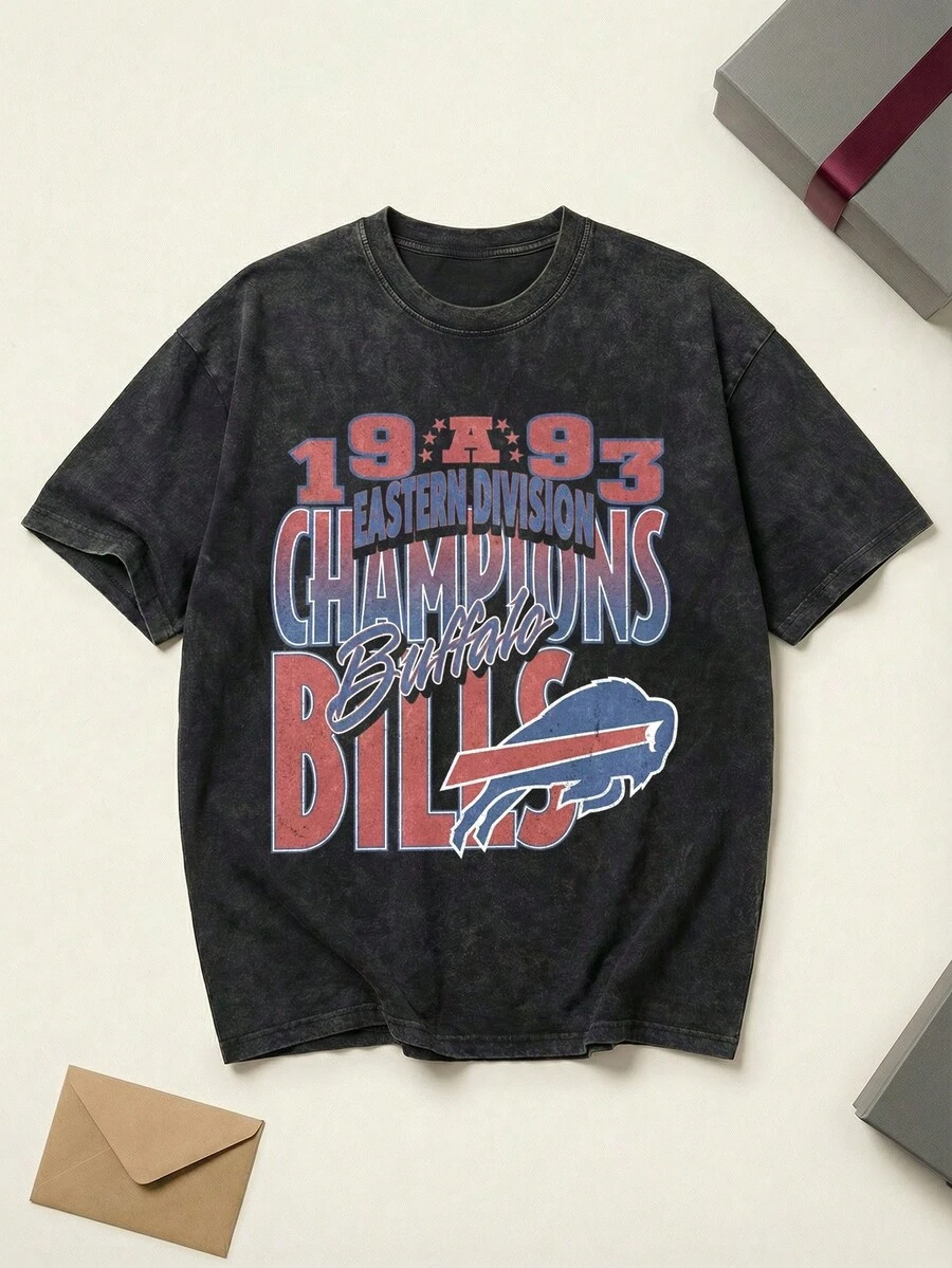 Buffalos Bills 1993 Eastern Division Champions Graphic Tee Unisex Couple Matching Boyfriend Style Acid Washed Cotton Shirt Retro 90s Aesthetic Vintage Sports Fan Gear Summer Outfits Graphic Tees Men Oversized T Shirt Summer Clothes Men Fall Clothes Men Winter Clothes - màu đen - Xem 1