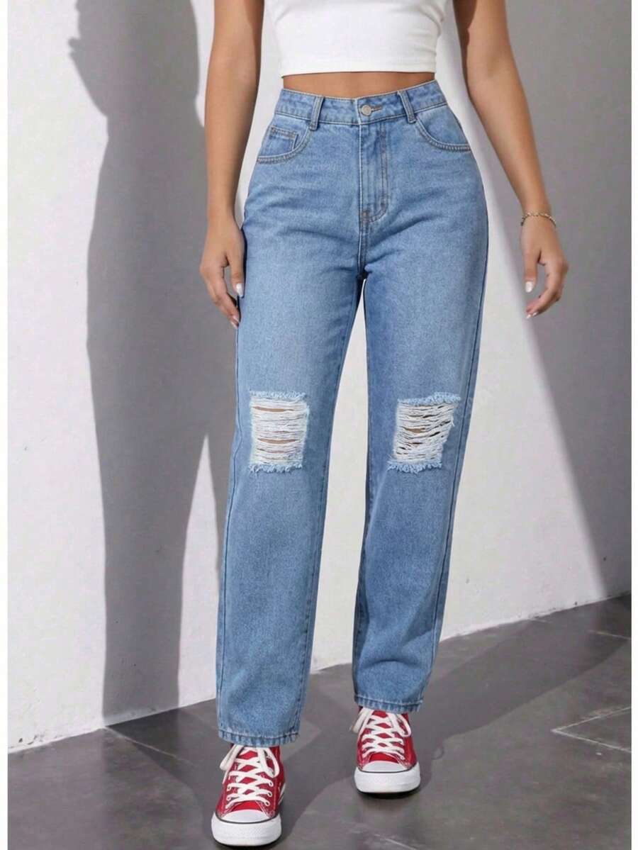 Pantalón Mujer Casual Straight Leg Washed Ripped Raw Hem Tela rígida Bolsillos Button Zipper Corte Recto Sin Estampado, atemporal uso Diario - AZUL CLARO - Ver 1