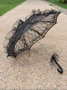 1把哥特式蕾丝伞，浪漫公主伞，新娘婚礼伞，适用于婚礼、节日、舞蹈道具 - 优雅黑色婚礼及万圣节服装配饰，花卉图案，非常适合新娘送礼会、摄影和主题活动、婚礼装饰、派对装饰、公主主题装饰，无需用电，嘉年华