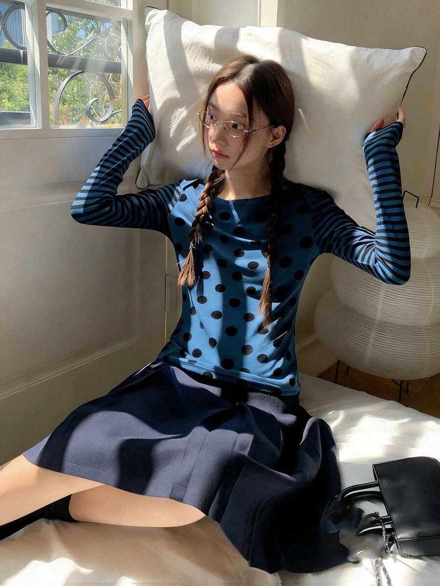 女士波点条纹印花长袖修身T恤 - 藍色 - 查看 1