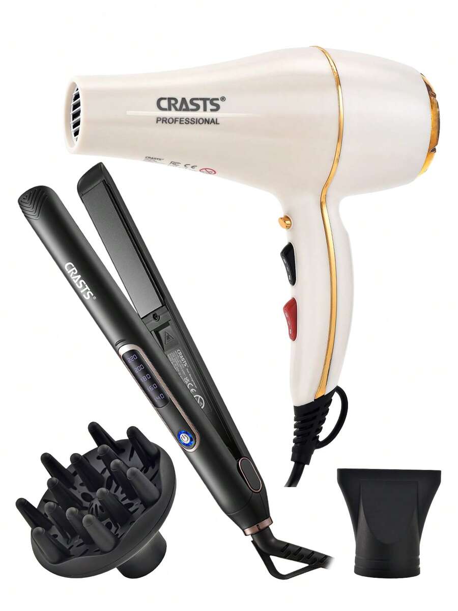 CRASTS 专业吹风机和直发器套装，大功率吹风机，直发器，二合一造型工具套装，沙龙级品质，节日礼盒装