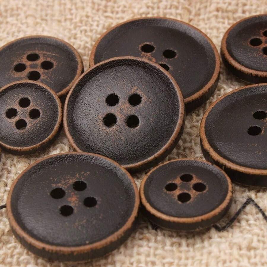 10颗复古天然黑咖啡色细边四孔木质纽扣，适用于衬衫、开衫、毛衣、西装外套、大衣，用途广泛的木质装饰纽扣