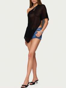 Knit Sheer Poncho Top For Women Y2k Asymmetric Shrug Beach Cover Up See Through Lightweight Off Shoulder Shawl - màu đen - Xem 5