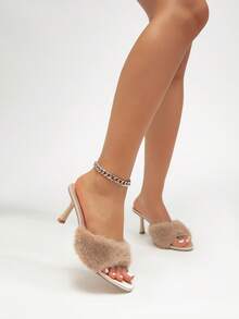 Women's Fashionable Fluffy Apricot Stiletto High Heel Sandals, Cute Minimalist Elegant Suitable For Weddings, Parties, Spring/Summer Travel And Vacation Outfits - Apricot - View 5