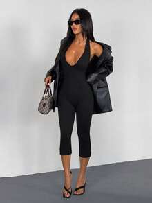 Bộ jumpsuit nữ AITYI Studio, dáng ôm vừa vặn, cổ chữ V, dây mảnh, màu trơn, thoải mái, gợi cảm, thời trang, phù hợp cho hoạt động ngoài trời, đi làm, đa năng, phong cách Y2K, tiệc bãi biển, kỳ nghỉ, lễ tốt nghiệp, nghỉ xuân, lễ hội âm nhạc, jumpsuit dệt kim mùa hè. - màu đen - Xem 3
