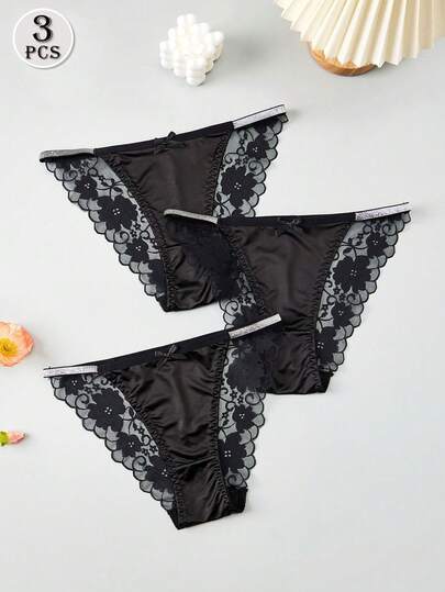 3pcs/Set Sexy Lace Women's Underwear, Breathable And Soft, Elegant Bow Decor Panties, Glossy Fabric, Semi-Sheer, Solid Color Cute Shorts, Suitable For Dates, Yoga, Daily Wear And Other Occasions