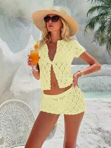 Women's Summer Vacation Set, Crochet Mesh Sexy Hollow Out Beach Short Sleeve Knit Cover Up + Shorts 2 Piece Set - Women's Vacation 2 Piece Set, Crochet Cover Up Nightclub Outfit, Women's Sexy Fitted Style - 淺黃色 - 查看 7