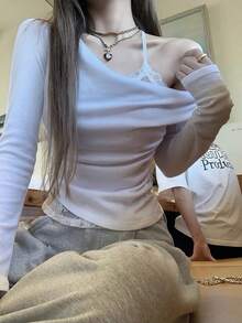 女士二合一斜肩蕾丝吊带长袖T恤，打底衫 - 白色 - 查看 3