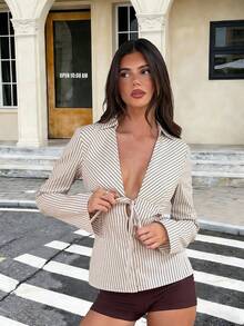 Áo sơ mi nữ thời trang đường phố gợi cảm, cổ áo kẻ sọc buộc dây. - Nhiều màu - Xem 1