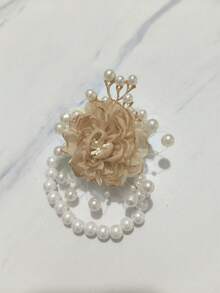 1pc/2pcs Luxury Rose Flower With Small Beads Metal Alloy Combination Camellia Flower And Pearl Chain Wrist Corsage, Suitable For Groom, Bride, Groomsman, Bridesmaid, Wedding, Engagement, Party, Travel, Evening, Campus Celebration, Valentine's Day Decoration - 718 Champagne - View 6