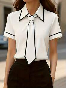 Áo sơ mi nữ thanh lịch màu trắng, cài một hàng khuy, viền đen tương phản, cổ áo buộc rời, tay ngắn, thích hợp cho công sở, mùa xuân/hè. - trắng - Xem 1