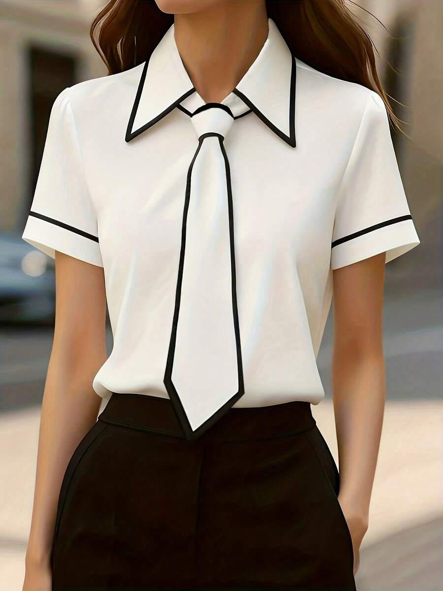 Áo sơ mi nữ thanh lịch màu trắng, cài một hàng khuy, viền đen tương phản, cổ áo buộc rời, tay ngắn, thích hợp cho công sở, mùa xuân/hè. - trắng - Xem 1