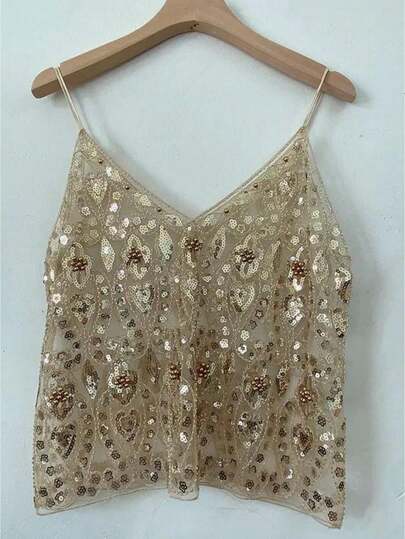 Women's Lace Cami Top Spaghetti Strap V Neck Pearl Sequin Sheer Going Out Party Tank Top