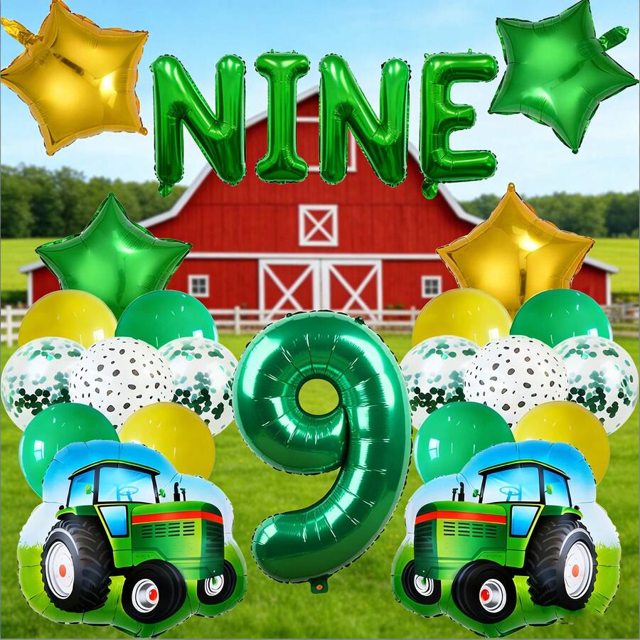 26件套拖拉机主题生日派对用品，包含数字气球、乳胶气球、星星气球和拖拉机图案气球，适合绿色拖拉机主题派对 - 彩色 - 查看 1