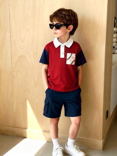 2pcs Toddler Boys' Colorblock Baseball Print Short Sleeve T-Shirt And Cargo Shorts Set, Sporty Casual Outfit For Spring/Summer