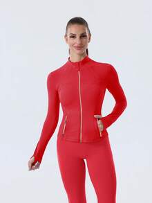 Women's Slim Fit High Stretch Activewear Jacket Zip Up Stand Collar Gold Zipper Thumb Hole Sports Top For Gym Workout And Daily Wear - Năm mới Đỏ/Vàng - Xem 4