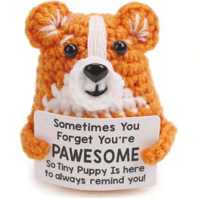 1件 Keji 手工钩织积极小狗装饰品 - 橙色和白色 Amigurumi 纱线艺术品，附带奖励卡，可爱的同事和老师鼓励礼物，家庭办公室桌面装饰。