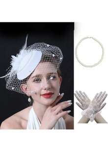 女士头饰面纱和复古迷人网纱帽，搭配蕾丝手套和人造珍珠项链，适合 20 世纪 20 年代或 50 年代的复古茶会、舞会、婚礼、教堂、德比帽套装 - 彩色 - 查看 6