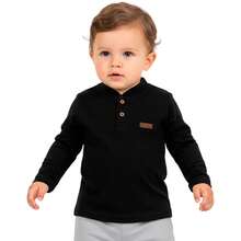 Baby Boy's T-Shirt With Henley Collar, Casual, Long Sleeves - 黑色 - 查看 2