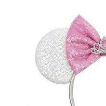 Disney 1pc Shiny Creative Cute Pink & White Princess Queen Crown Theme Mouse Big Ear Sequin Headband, Student Party Costume Accessory