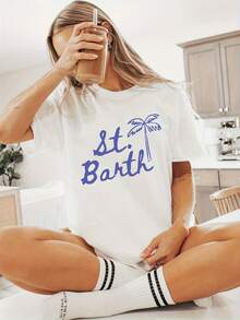 Women St Barth Caribbean Vacation T-Shirt White Turquoise Palm Tree Island Print Short Sleeve Crew Neck Top Relaxed Fit Beach Shirt Machine Washable Summer Travel Apparel St Barth's Gift Idea Casual West Indies Inspired - 白色 - 查看 1