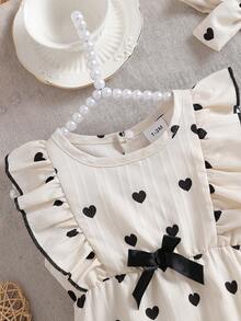 2 piezas Conjunto de ropa casual de verano para niñas bebé: Body sin mangas con estampado de corazón y ribete de volantes, diadema con decoración de lazo de cinta - Albaricoque - Ver 4
