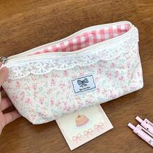 A Pink Floral Large-Capacity Pencil Case That Can Also Be Used As A Makeup Bag For Women. It Features Lace Trim And A Red Checkered Lining. Perfect For School, Travel, And Organizing Supplies. - Hồng - Xem 7