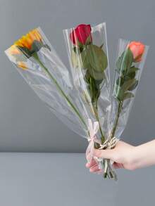 50 pièces/sac Sac d'emballage de fleurs, sac pour bouquet de rose unique, sac transparent pour fleurs fraîches, emballage de bouquet, fournitures pour fleuriste - Transparent - Voir 2