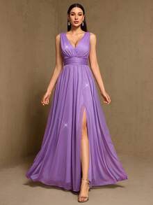 V-Neck Sleeveless Chiffon A-Line Bridesmaid Dress, Elegant Party Dress, Wedding Guest Dress, Birthday Dress, Graduation Ceremony, Banquet, Carnival Outfit - Mauve Purple - View 4