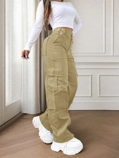 Solid-Color Multi-Pocket Buttoned Casual Y2K Leisure Elegant And Cute Work Pants. Suitable For Back-To-School, Clubs, Birthday Parties, Halloween, New Year, Thanksgiving, Concerts, Gyms, Beaches, Vacations, Business, Daily Airport Wear, Street Style, Teacher's Day, Spring, Summer, Autumn And Winter.