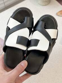 舒适加厚拖鞋 - 简约时尚双带设计 - 黑與白 - 查看 3