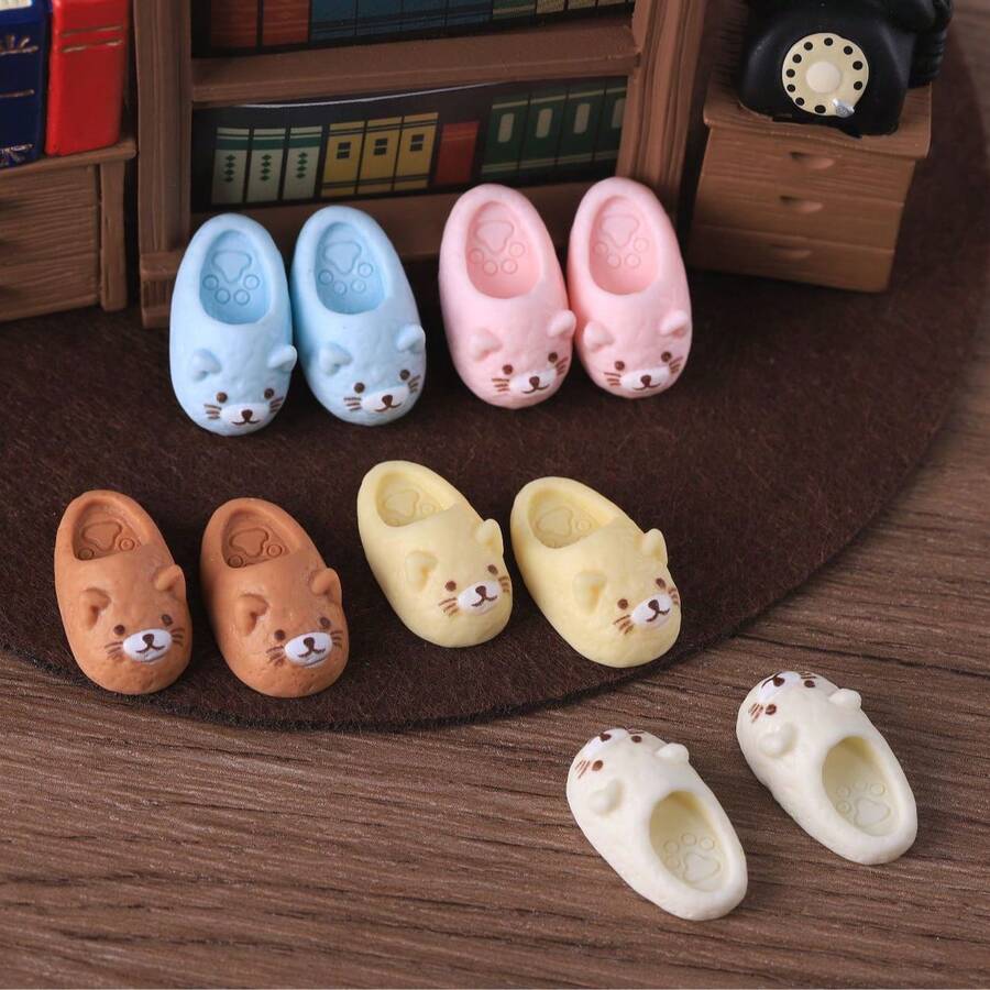 5 Pairs Mini Cute Resin Cat Slippers, Adorable Healing Style Solid Color 3D Cat Shape Anti-Slip Textured Details, DIY Doll House Decor, Daily Ornaments, Miniature Doll House Toys, Handmade Accessories For Miniature Scene Building