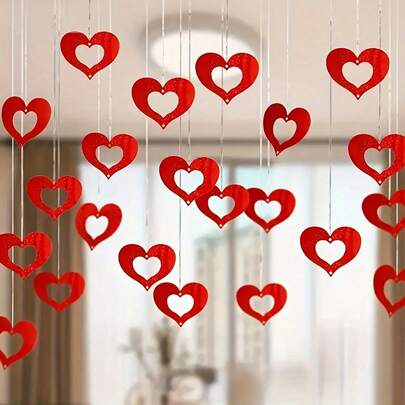 100pcs Red Heart Shaped Tinsel Hanging Ornaments, Valentine's Day Heart Decor, Wedding Anniversary Love Party Ceiling Decor, Valentine's Day Party Supplies, Heart Sequin Hanging Ornaments, Restaurant Display & Decoration, Bridal Shower Wedding Ceremony Essential, Wedding Ceremony Decor, Valentine's Day (With Hanging Rope)
