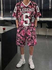 Men's Pink Branch Pattern Set, American Streetwear Numeric Print Casual 2 Pieces Outfit - Pink - View 4