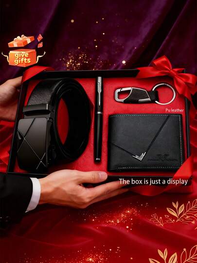 4件套腰带礼盒套装，包含时尚钱包、腰带、钥匙扣和便携笔，商务四件套，送给男友、兄弟或朋友的高端礼物，毕业旅行、斋月、情人节礼物，男士礼物
