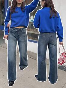 Jeans casuales de mujer con decoración de cinturón asimétrico lavado y bolsillos laterales, estilo Y2K - Azul desgastado - Ver 8