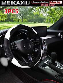 MEIKAXIU 3pcs/Set Mesh & PU Leather Patchwork Steering Wheel Cover, Handbrake Cover, Gear Shift Knob Cover Fit For 14.5-15 Inch Cars Decoration Accessories - Mesh Leather Sport - View 3