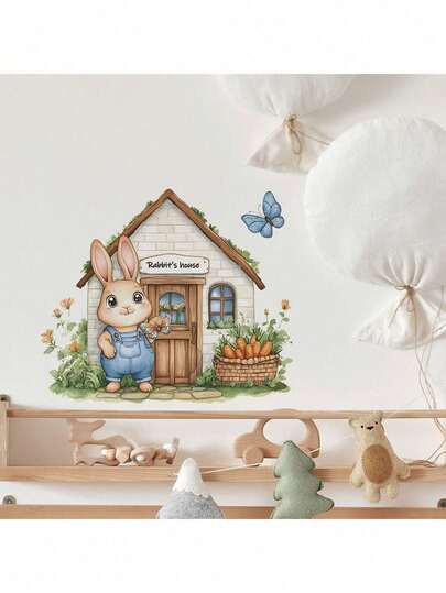 1pc Easter Suspender Pants Rabbit Sticker, Cute Rabbit Pattern Glass Window Sticker, Spring Easter Window Sticker, Colorful Easter Eggs Rabbit Chick Flower Glass Window Sticker, Home Decor Sticker