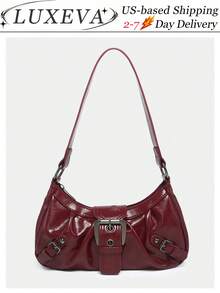 Y2K Vintage Soft Distressed Leather Motorcycle Bag With Rivet, Buckle, Pleated Cloud Decor, Shoulder/Underarm Bag, Suitable For Work, Commute, Date, Party, Valentine's Day, Valentines, Valentines Day, Bag Charm, Purse Charm, Bag Charms, Beach Accesories For Women, Beach, Beach Bag, Vacation Essentials, Airplane Travel Essentials, Cruise Essentials, Valentines Gift, Valentine's Day Gift [US-Based Shipping]. - 紅色 - 查看 10