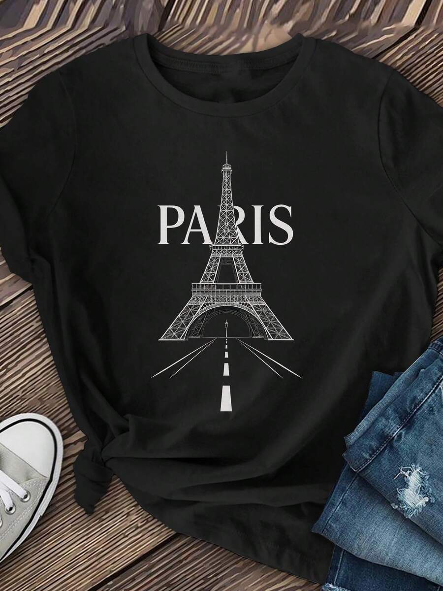 Paris Eiffel Tower Inspired Women's Short Sleeve, Women's Clothing, Round Neck Short Sleeve Sports T-Shirt, Pattern Printed Round Neck T-Shirt - White - View 1