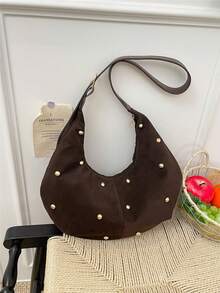 Women's Retro Minimalist Large Capacity Crescent Shoulder Tote Bag, Versatile For Daily Outing, Casual And Commuting - Coffee - View 1