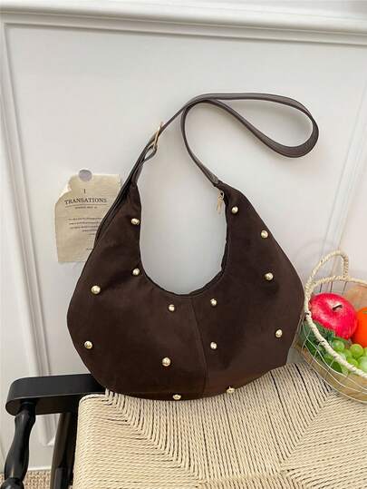 Women's Retro Minimalist Large Capacity Crescent Shoulder Tote Bag, Versatile For Daily Outing, Casual And Commuting