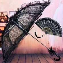 1pc Gothic Lace Parasol, Romantic Princess Umbrella For Bridal, Wedding, Holiday Party, Dance Props - Elegant Black Lace Parasol And Fan Set With Floral Pattern, Suitable For Wedding And Halloween Costume Accessories, Photography, Wedding Supplies - Black - View 11